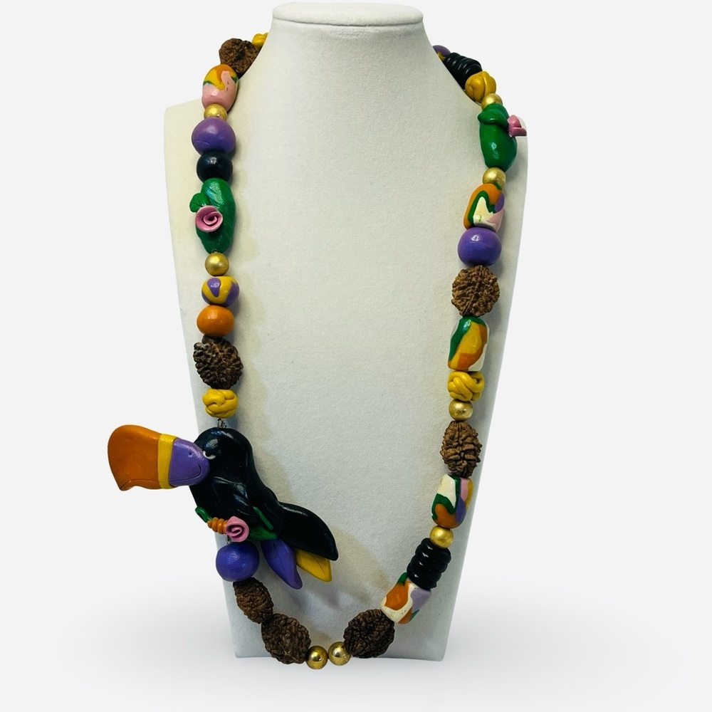 Vintage 80s Chunky Statement Necklace Clay Beads Toucan Accent